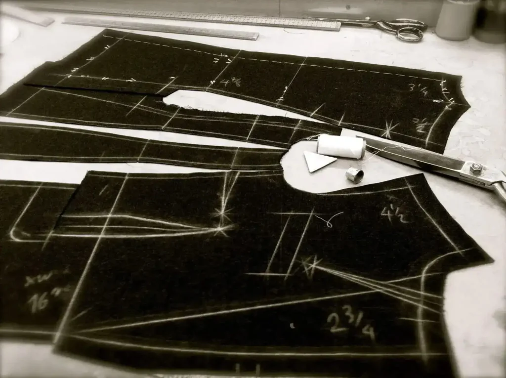 Handmade bespoke suit pattern cutting with tailor chalk markings and brass shears at Arta Tailoring studio London