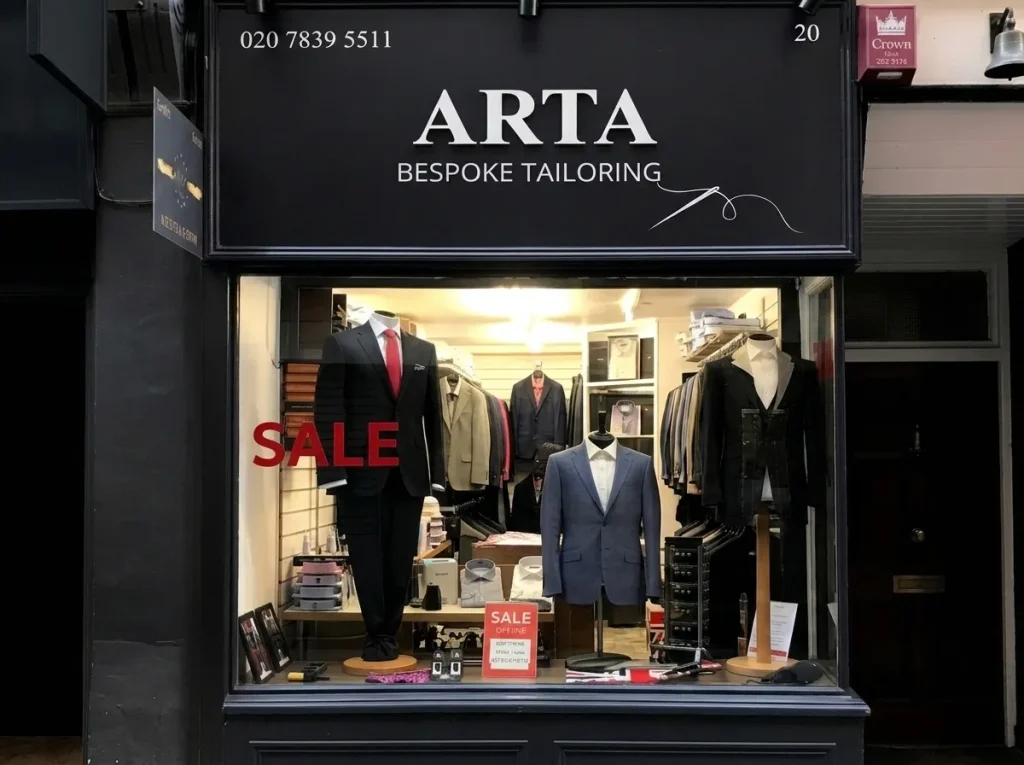 Arta Tailoring shopfront and bespoke suit window display at 20 Crown Passage in St James's London